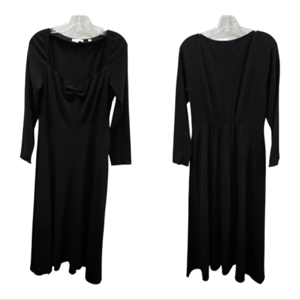 Vince Black Ruched Sweetheart Neck Long Sleeve Flare Midi Dress Size 10 - Picture 8 of 9